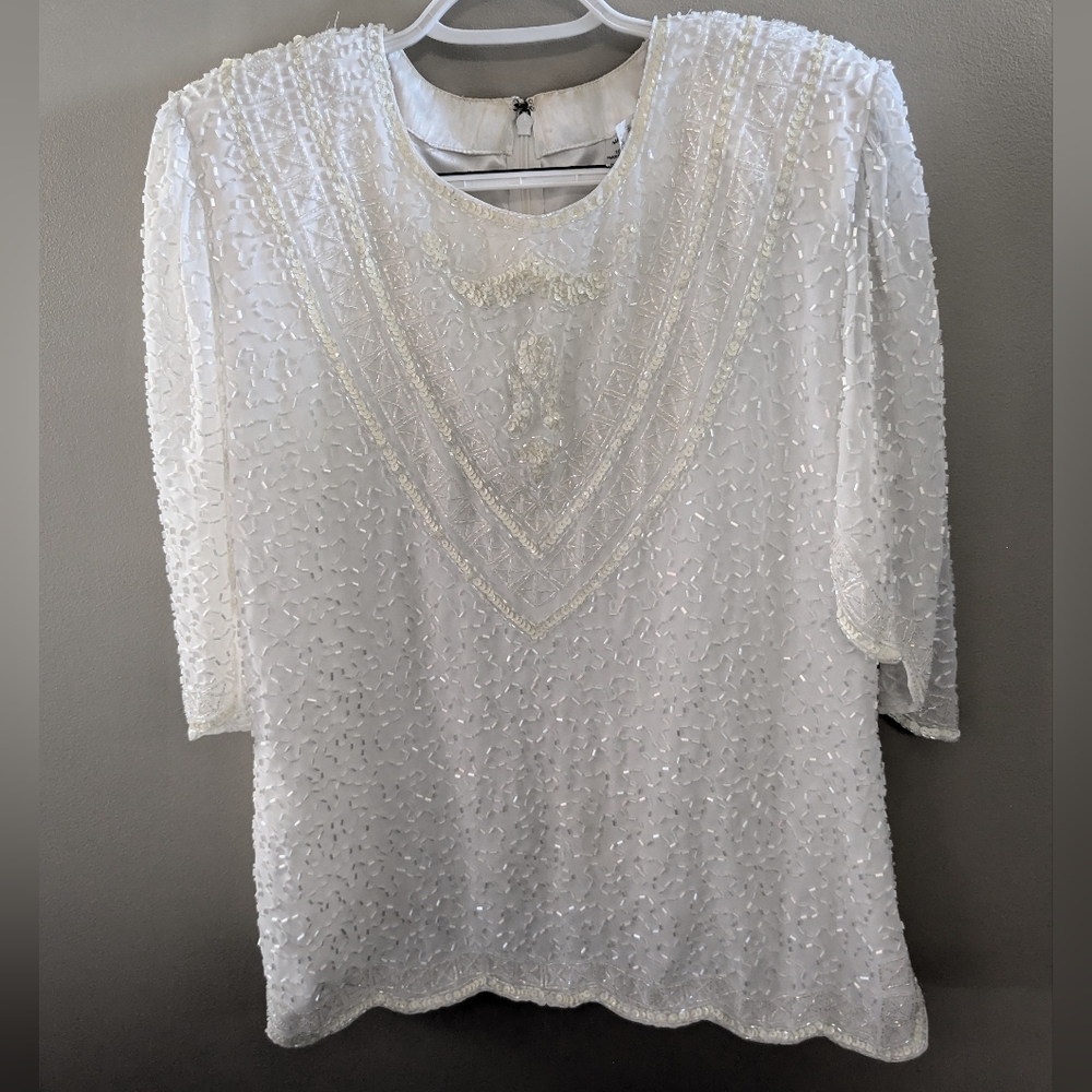 Beaded Sequin White Top Made In India Women's Medium Ivory Vintage Blouse